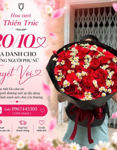 Hoa 20/10 Bó Hoa Hồng Đỏ Tròn Phối Tana Tinh Tế